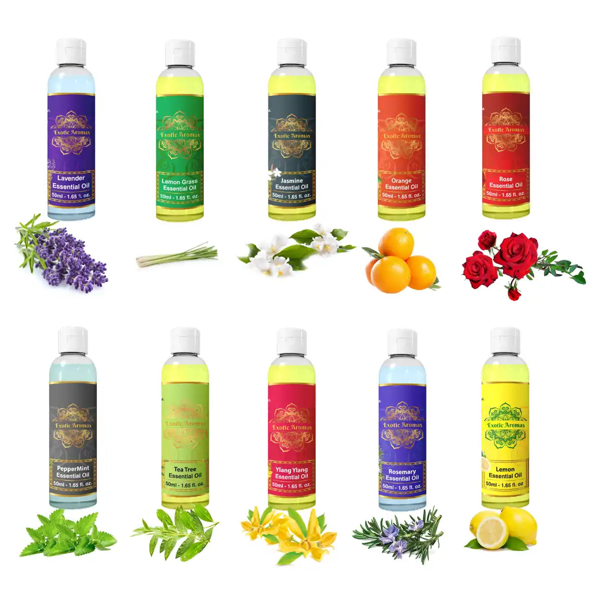 Essential Oil Pack of 10 - Lavender Rose Tea Tree Rosemary Jasmine Ylang Ylang Mandarin Lemongrass Peppermint lemon ,50 Ml Each