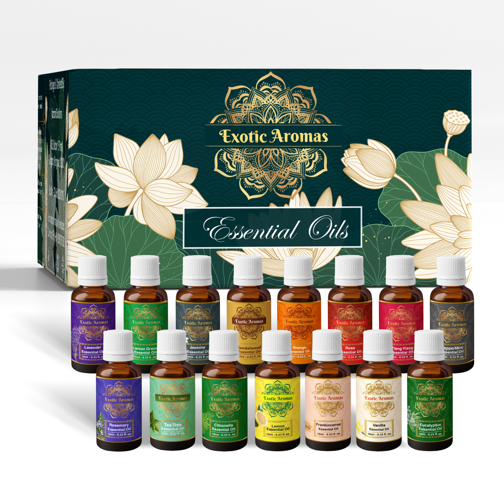 Essential Oil Pack of 15 Lavender Rose Sandalwood Jasmine Orange Rosemary Lemongrass Ylang Ylang Tea Tree Peppermint Eucalyptus Lemon Frankincense Vanilla Citronella, 10 ML Each