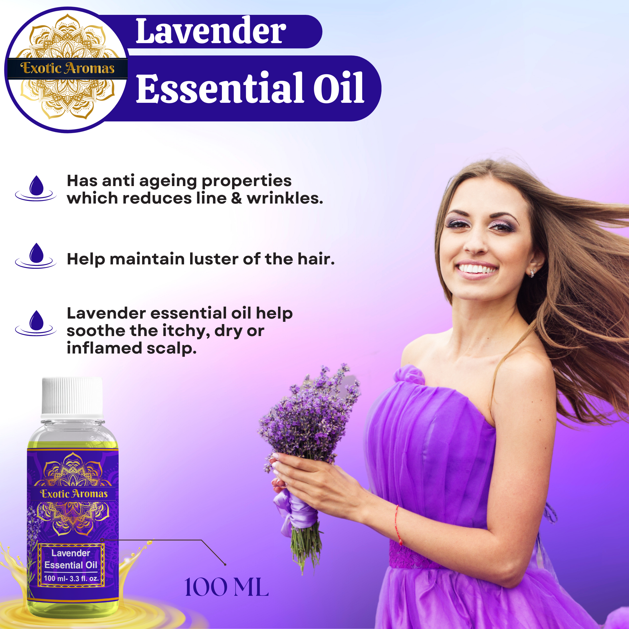Lavender Essential Oil for Aroma Therapy, Stress Relief, Hair, Skin & Sleep