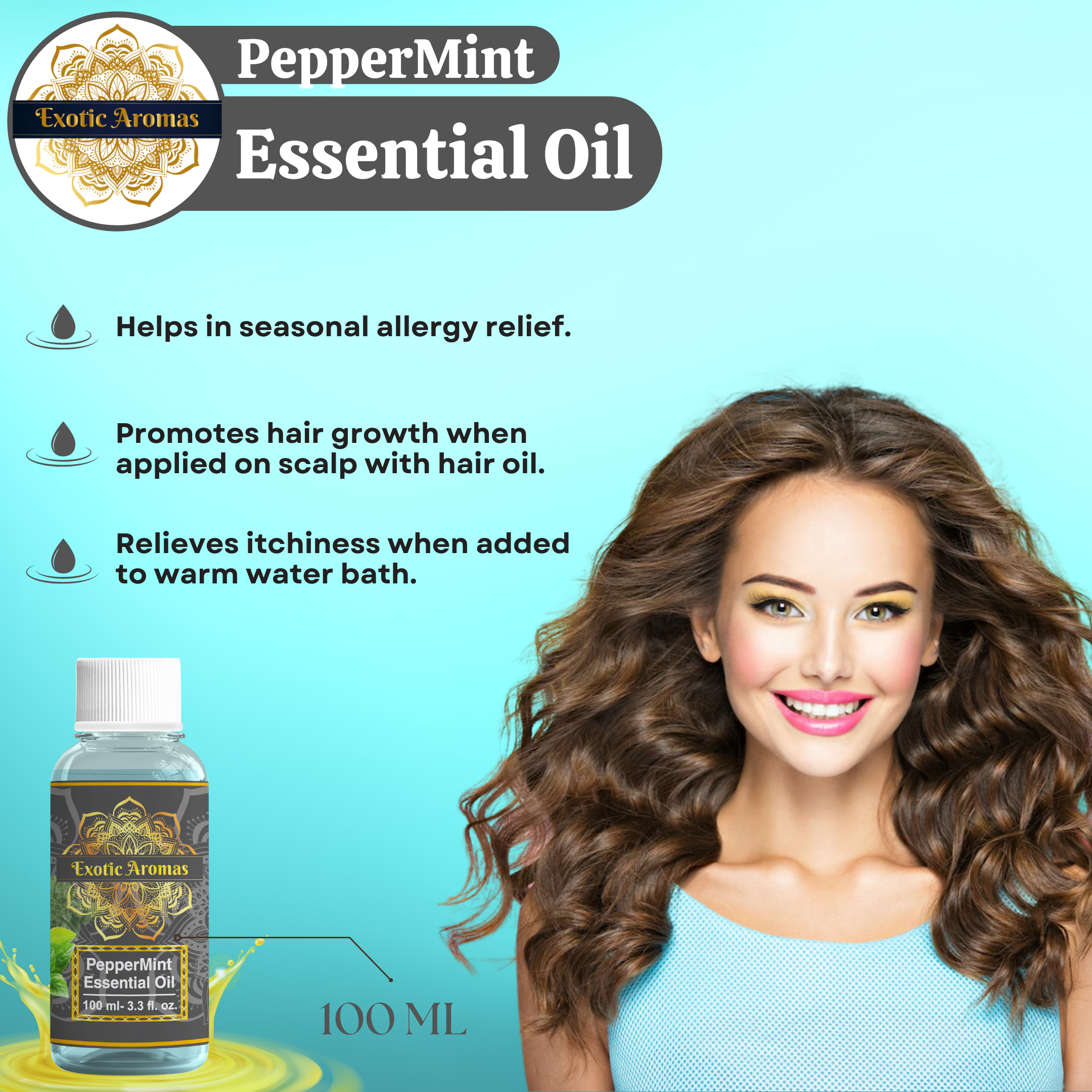Peppermint Essential Oil for Aroma Therapy, Hair & Skin