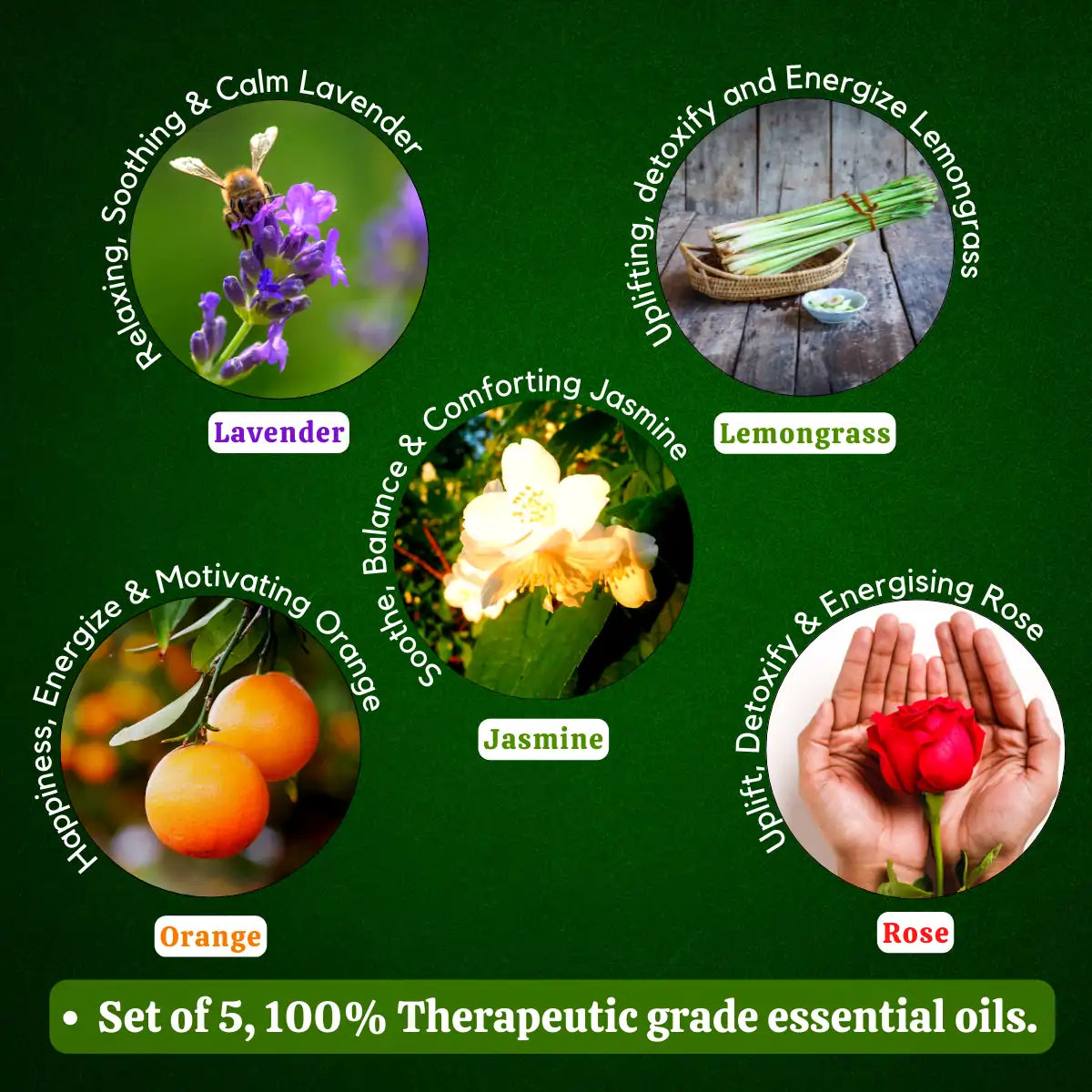 Essential Oil Pack of 5 - Lavender, Lemongrass, Jasmine, Orange, Rose Essential Oil, 10 ML Each
