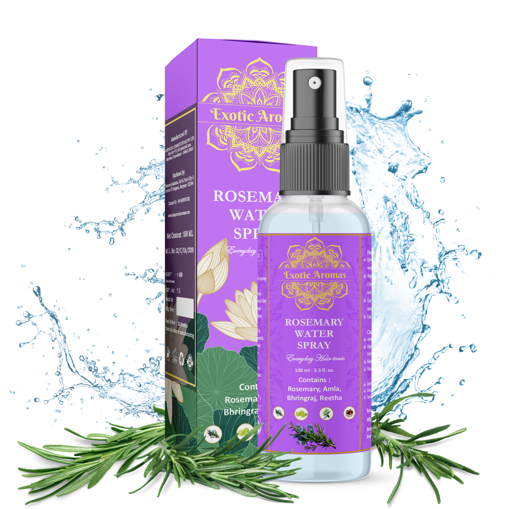 Exotic Aromas Rosemary Water Spray, 100 ML, For thicker,shinier & stronger hair. Strengthen, Moisturize & Thicken Naturally – for Dry, Oily, Flaky, Thinning, Damaged Hair Types, For Men & Women