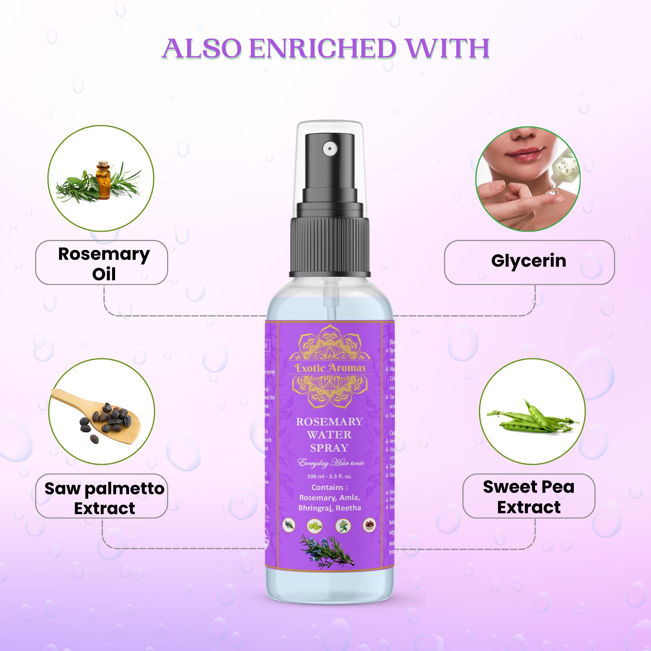 Exotic Aromas Rosemary Water Spray, 100 ML, For thicker,shinier & stronger hair. Strengthen, Moisturize & Thicken Naturally – for Dry, Oily, Flaky, Thinning, Damaged Hair Types, For Men & Women