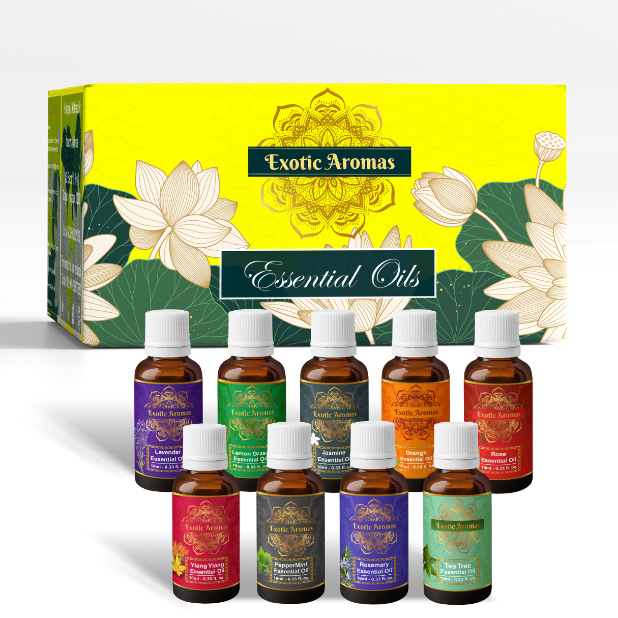 Essential Oil Pack of 9 Lavender, Rose, Tea Tree, Jasmine, Ylang Ylang, Orange, Lemongrass, Peppermint, Rosemary Pure & Natural, 10ML