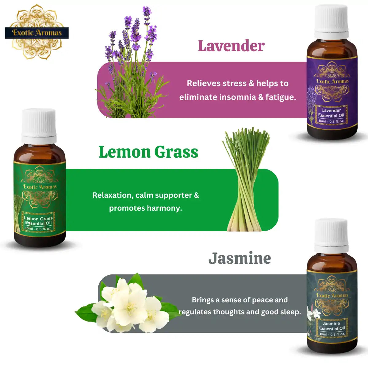 Essential Oil Pack of 5 - Lavender, Lemongrass, Jasmine, Orange, Rose Essential Oil, 10 ML Each