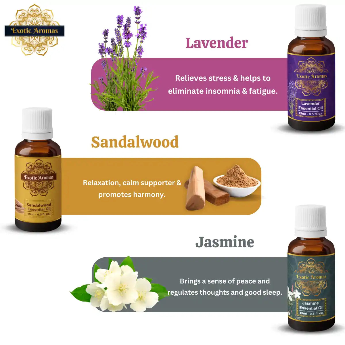 Essential Oil Pack of 5 - Lavender Oil, Sandalwood Oil, Jasmine Oil, Rose Oil, Ylang Yang Oil