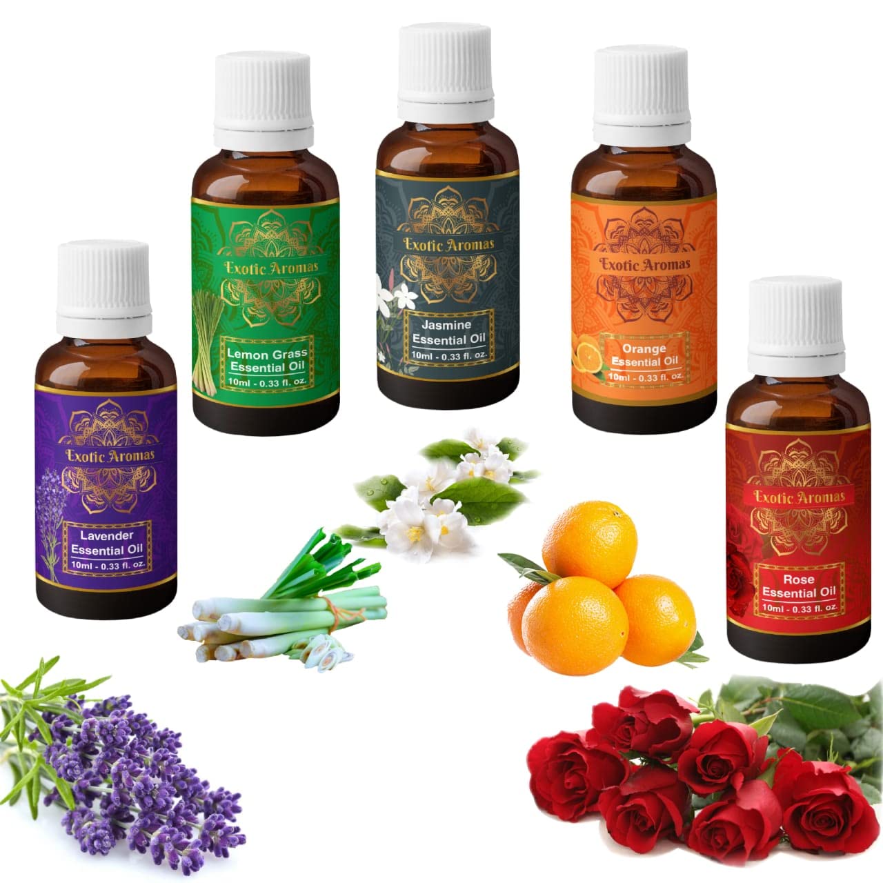 Exotic Aromas Lavender, Lemongrass, Jasmine, Orange, Rose Essential Oil, 10 ML Each, Pack of 5 Oils